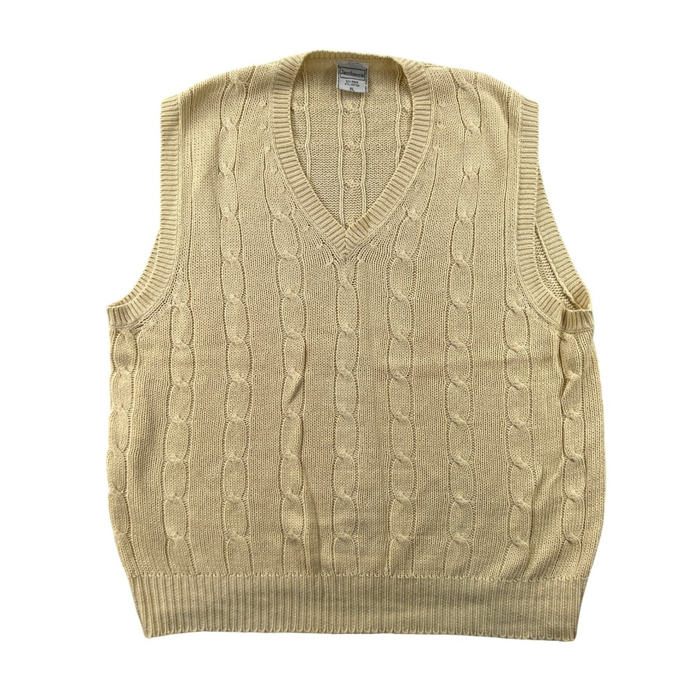 Vintage 90s Jacobson's Cream Cable Knit V-Neck Sweater Vest Ramie Cotton Grandpa